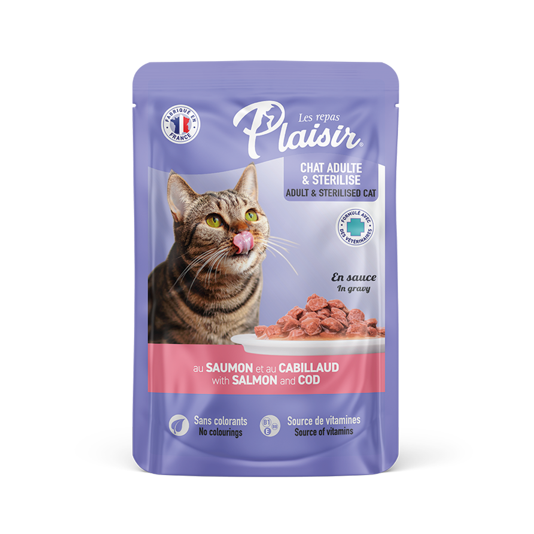 Chunks-in-gravy-with-salmon-and-cod-for-adult-cat-100gr PLAISIR CHUNKS POUCH ADULT CAT SALMON AND COD, 100 GR - Imagen 1