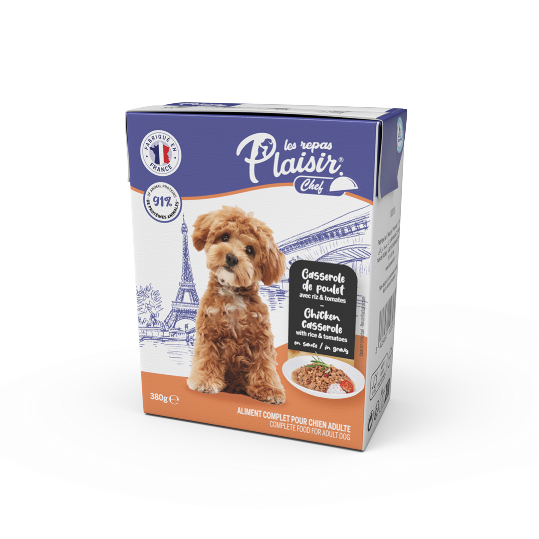 Perro-Estofado-de-pollo-en-salsa-con-arroz-y-tomates-380gr PLAISIR CHEF DOG CHICKEN CASSEROLE W/ RICE&TOMATOES, 380 GR - Imagen 1